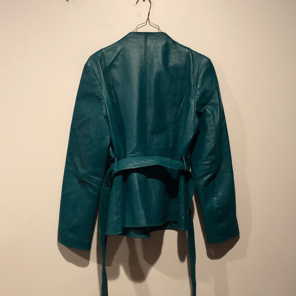 metrostyle Vintage Teal Leather Belted Jacket - Picture 6 of 7